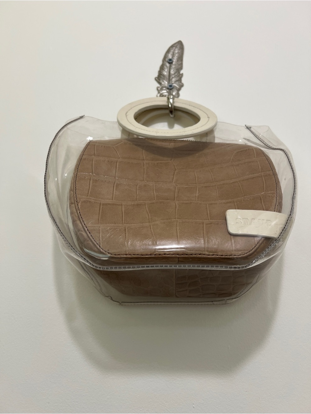 STAUD Clear Tote with Tan Croc Pouch and White Round Handles - Picture 4 of 13